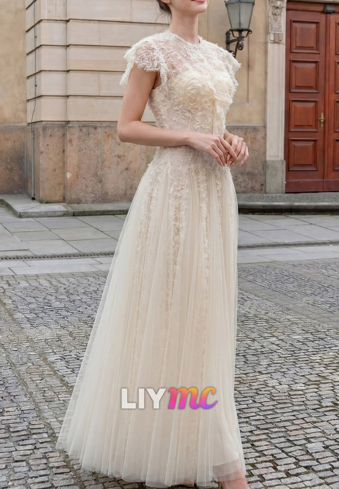 Scoop Short Sleeves Lace Tulle A-Line Wedding Dress