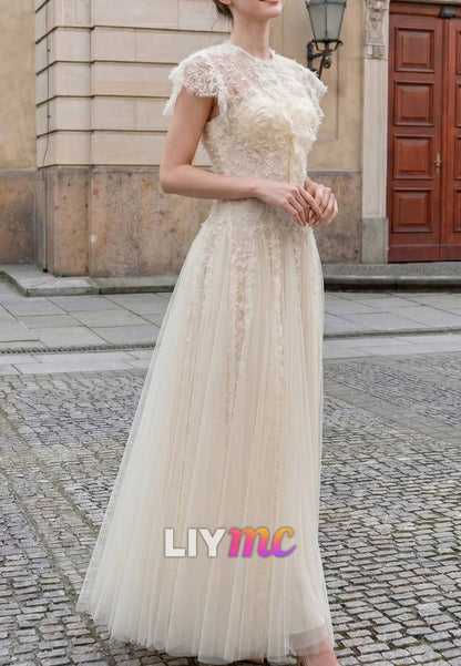 Scoop Short Sleeves Lace Tulle A-Line Wedding Dress