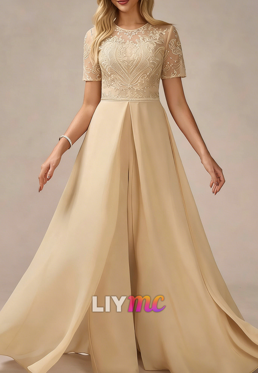 Scoop Short Sleeves Sequins Jumpsuit Mother of Bride Dress