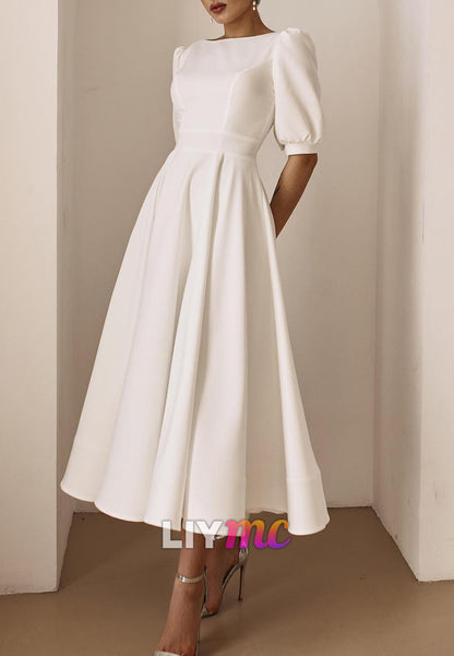 Scoop Short Sleeves Sleek Satin A-Line Midi Wedding Dress