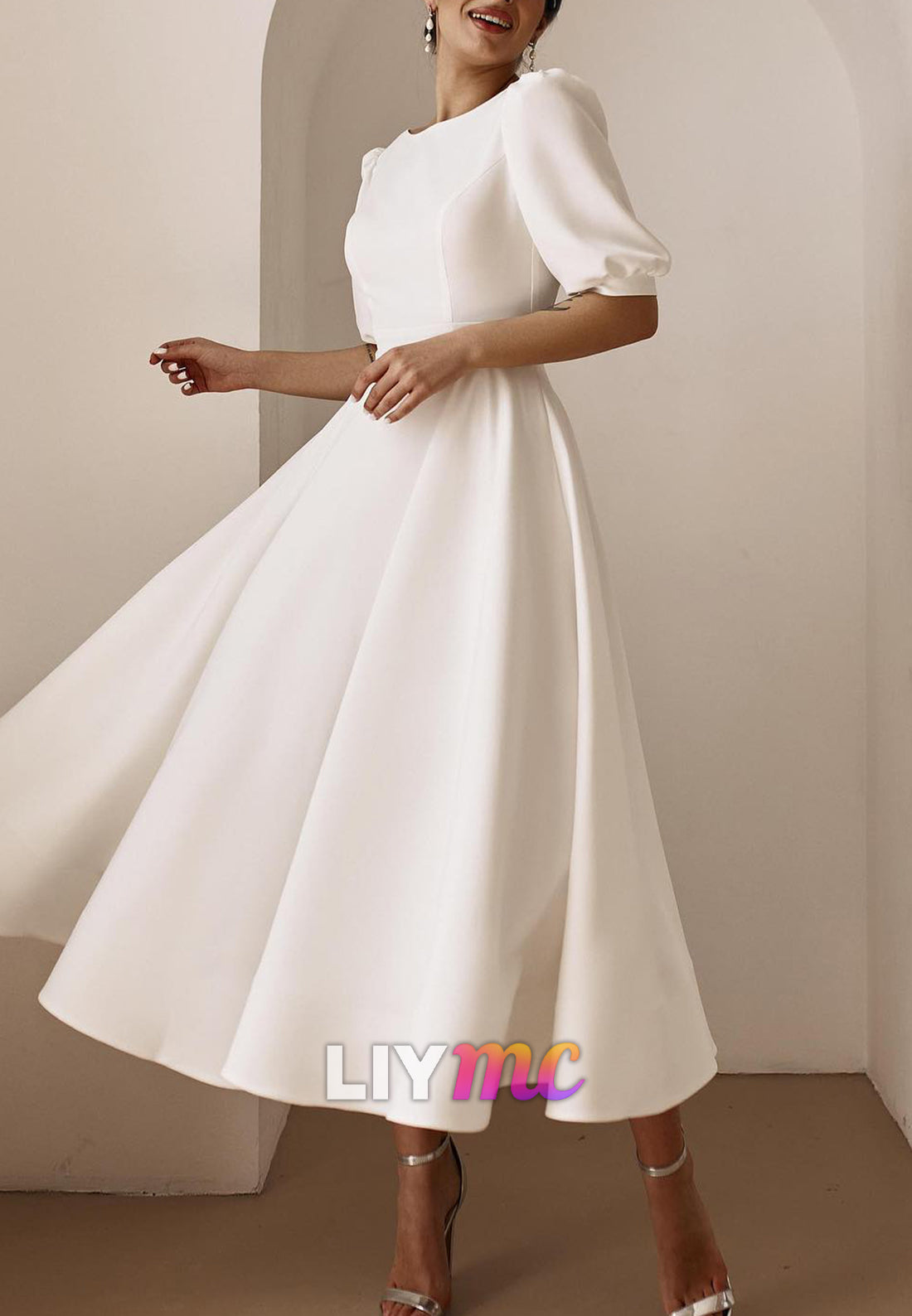 Scoop Short Sleeves Sleek Satin A-Line Midi Wedding Dress