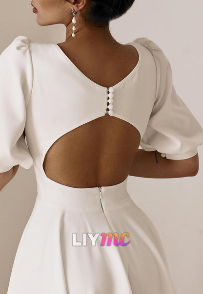 Scoop Short Sleeves Sleek Satin A-Line Midi Wedding Dress