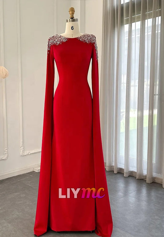Scoop Sleek Beaded Long Sleeves Sheath Evening Dress