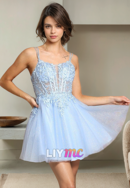 Scoop Sleeveless Appliques Sheer Tulle A-Line Short Homecoming Dress