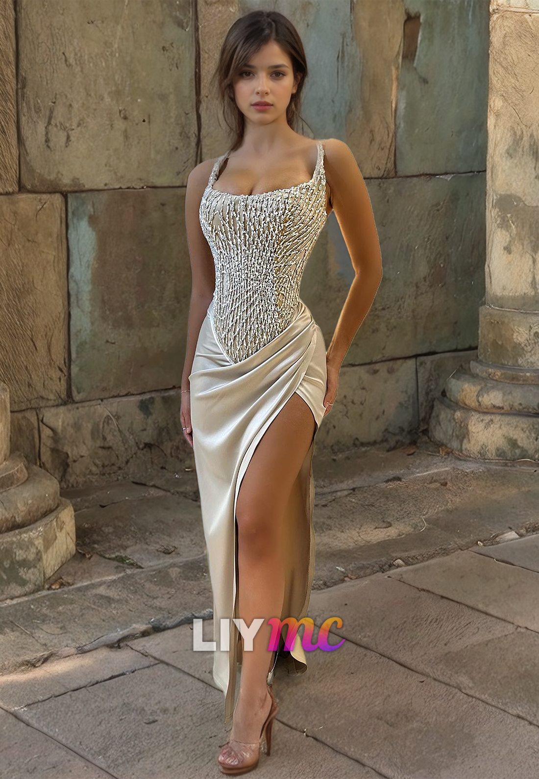 Scoop Sleeveless Beaded Appliques Ruched High Slit Prom Dress