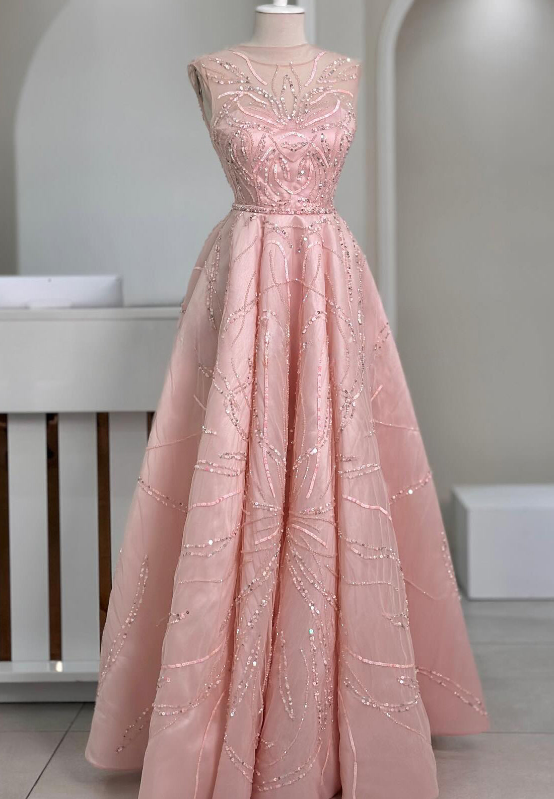 Scoop Sleeveless Beaded Embroidery Pleated Sparkly A-Line Prom Dress
