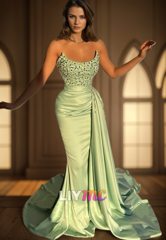 LP2283 - Scoop Sleeveless Beaded Pleated Bodycon Mermaid Prom Dress