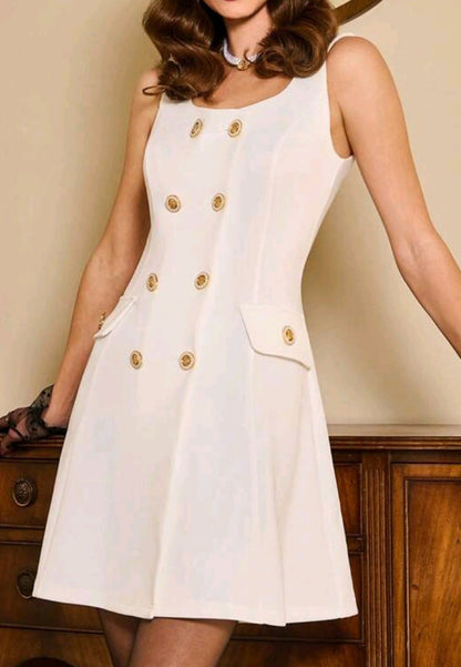 Scoop Sleeveless Button A-Line Work Dress