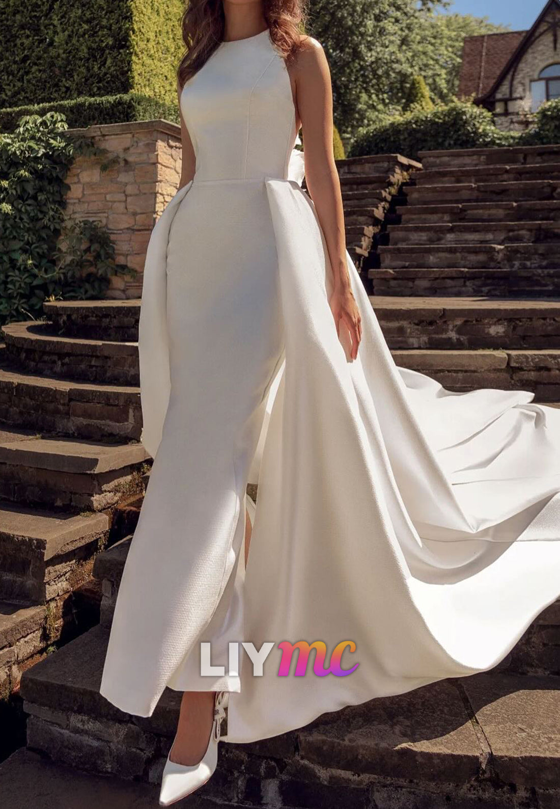 Scoop Sleeveless Detachable Train Mermaid Wedding Dress