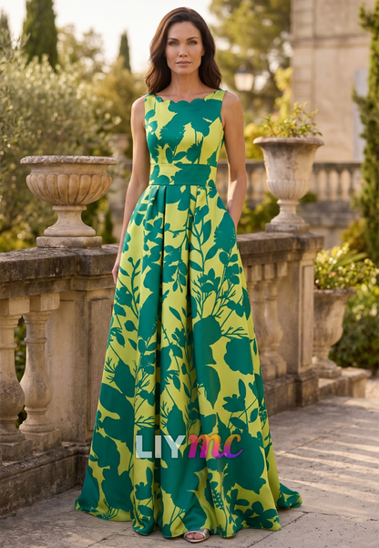 Scoop Sleeveless Floral Printed A-Line Mother of Bride Dress