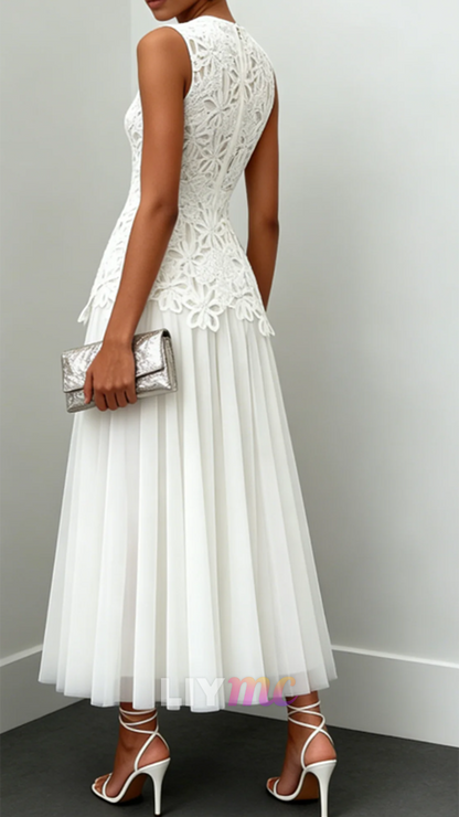 Scoop Sleeveless Lace Appliques Tulle A-Line Wedding Guest Dress