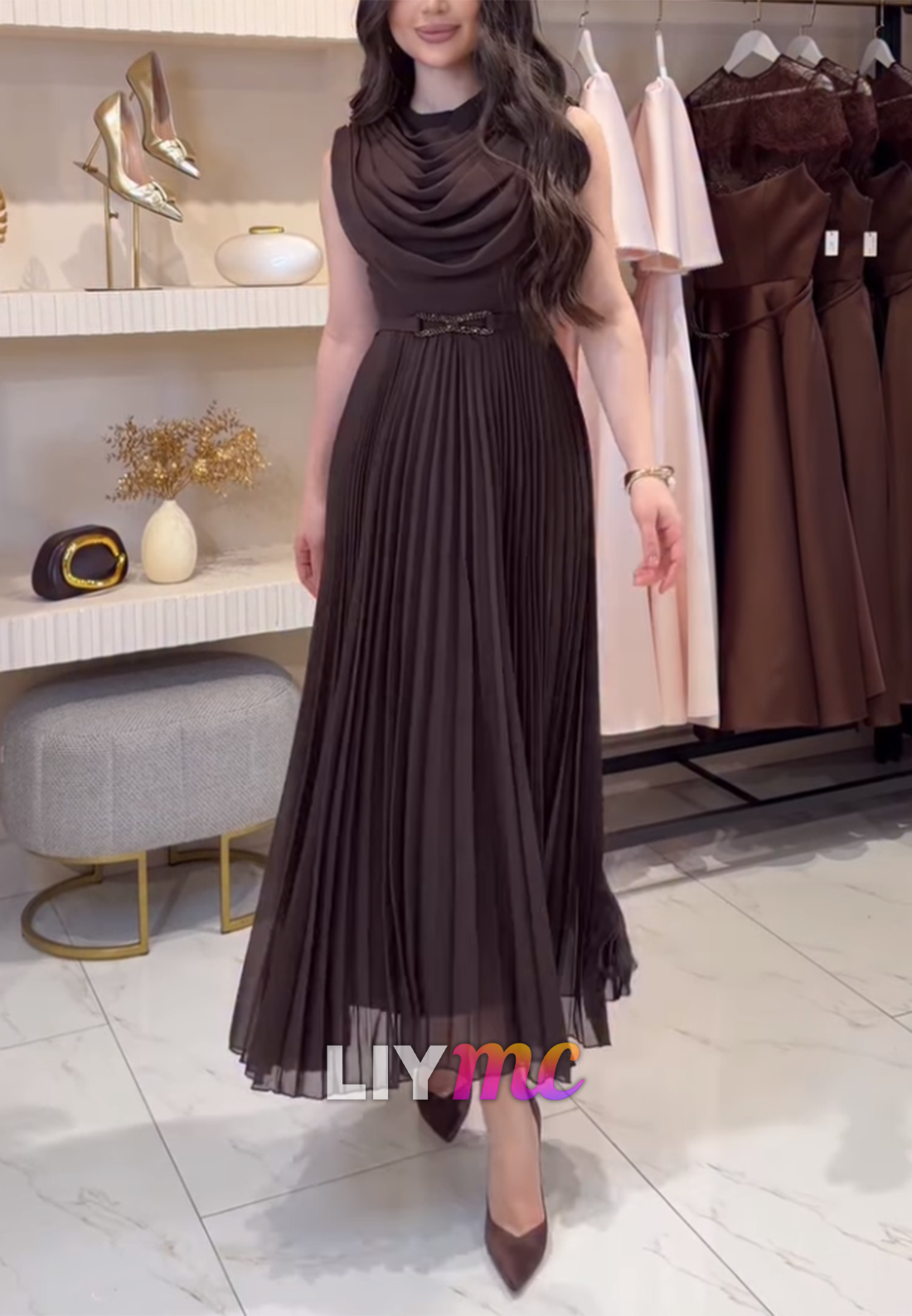 Scoop Sleeveless Pleated A-Line Brown Cocktail Dress