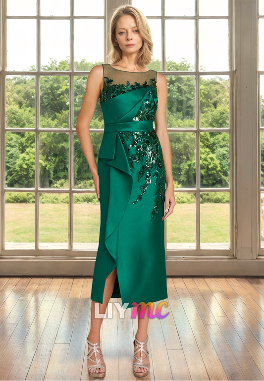 Scoop Sleeveless Pleeated Appliques Satin Sheath Mother of Bride Dress