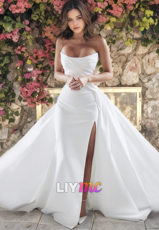 Scoop Sleeveless Ruched Sweep Train Beach Wedding Dress