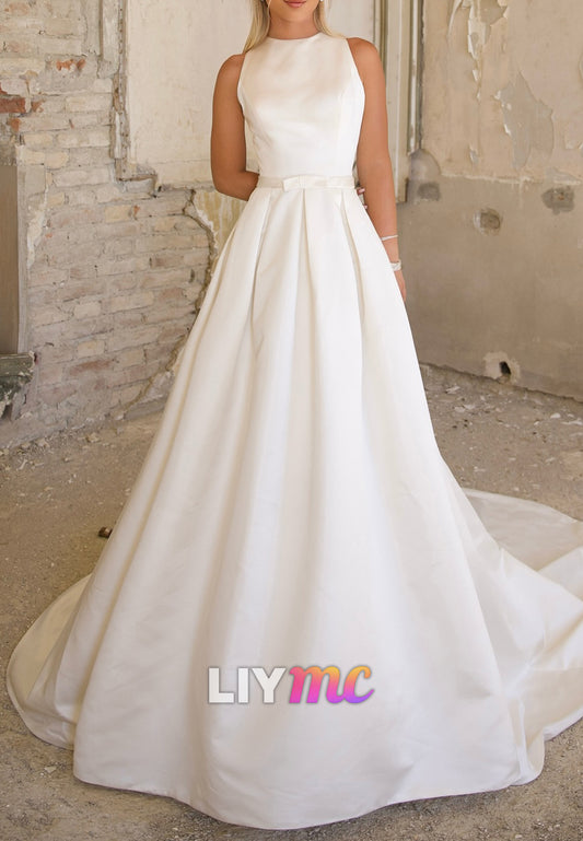 Scoop Sleeveless Satin A-Line Simple Wedding Dress