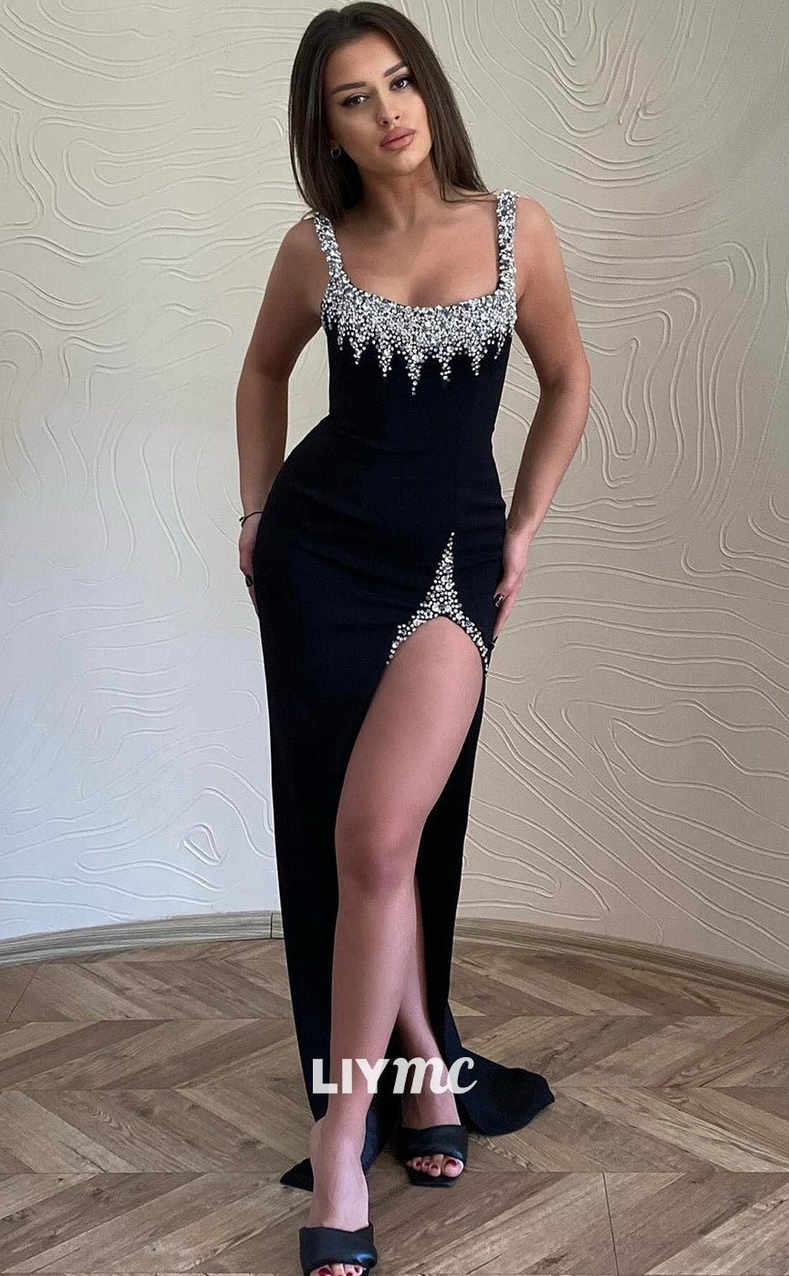 LP1810 - Scoop Sleeveless Sleek Satin Beaded High Slit Sexy Prom Dress