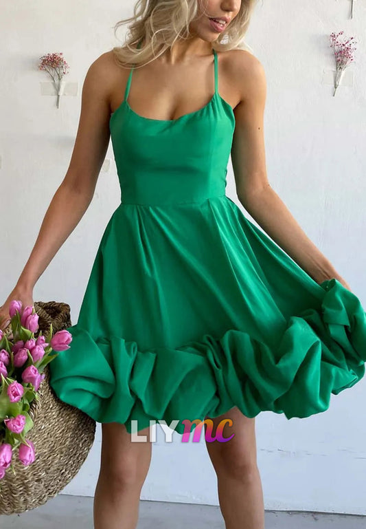 LY345 - Scoop Spaghetti Straps A-Line Pleated Short Homecoming Dress