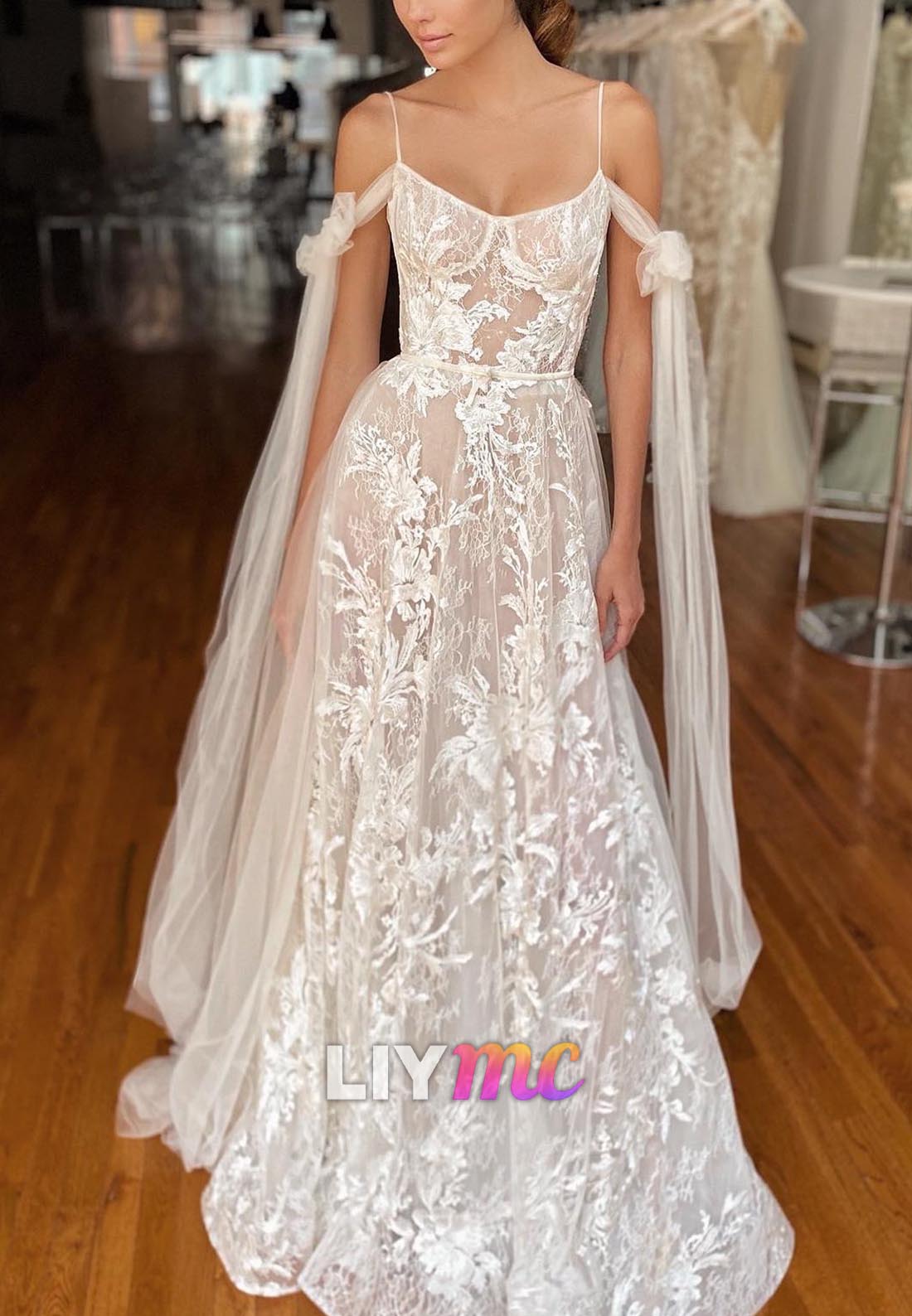 Scoop Spaghetti Straps Appliques A-Line Summer Wedding Dress