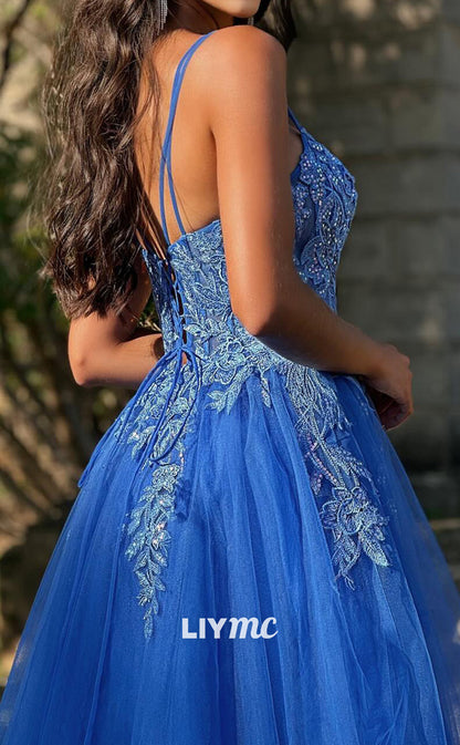 LP2093 - Scoop Spaghetti Straps Appliques Tulle A-Line Ball Gown Prom Dress