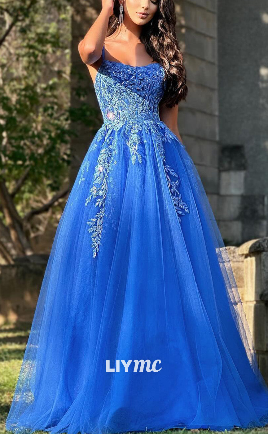 LP2093 - Scoop Spaghetti Straps Appliques Tulle A-Line Ball Gown Prom Dress