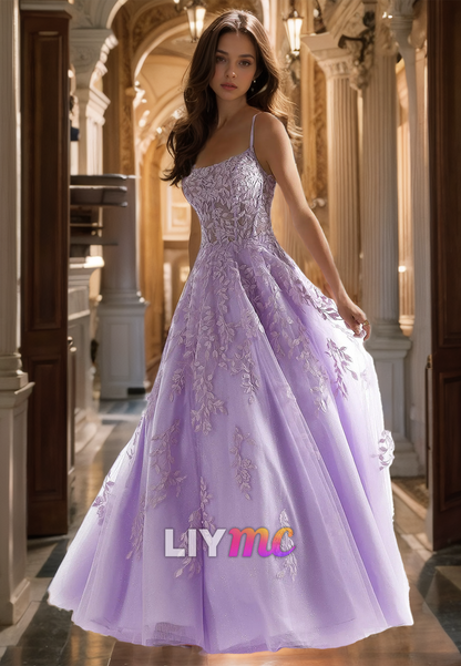 Scoop Spaghetti Straps Appliques Tulle A-Line Pretty Prom Dress