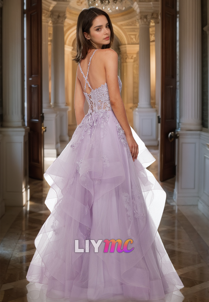 Scoop Spaghetti Straps Appliques Tulle Tiered A-Line Prom Dress