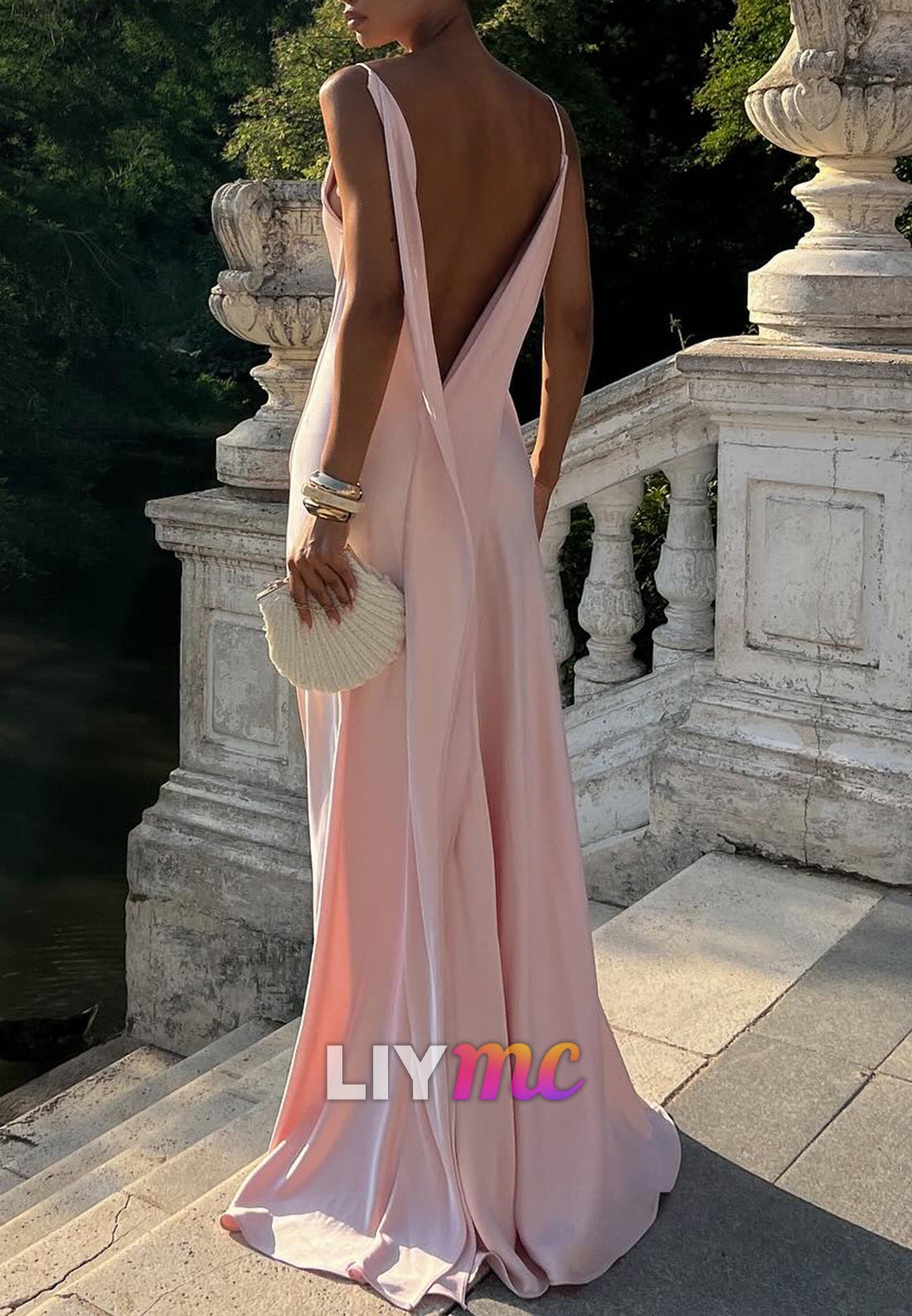 Scoop Spaghetti Straps Backless Sleek Sheath Formal Dress