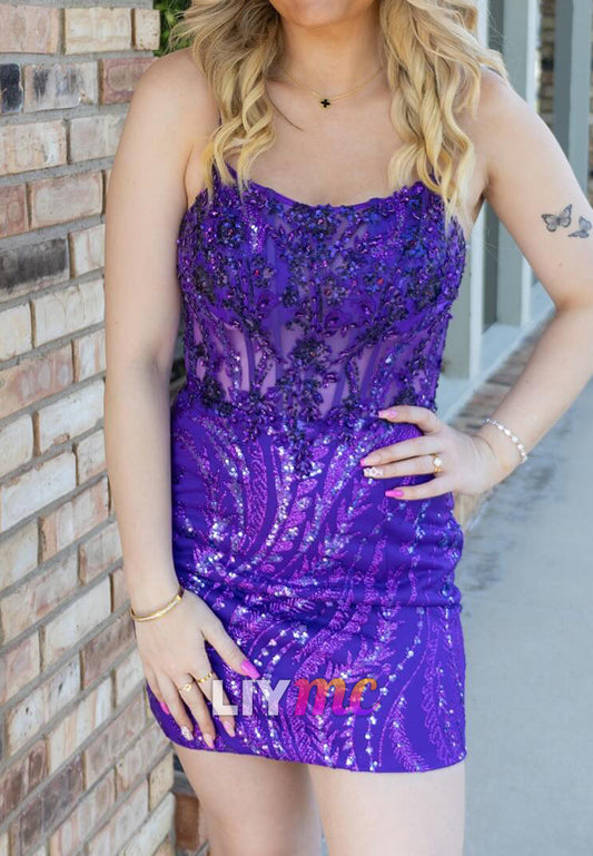 Scoop Spaghetti Straps Beaded  Appliques Sheath Party Homecoming Dress