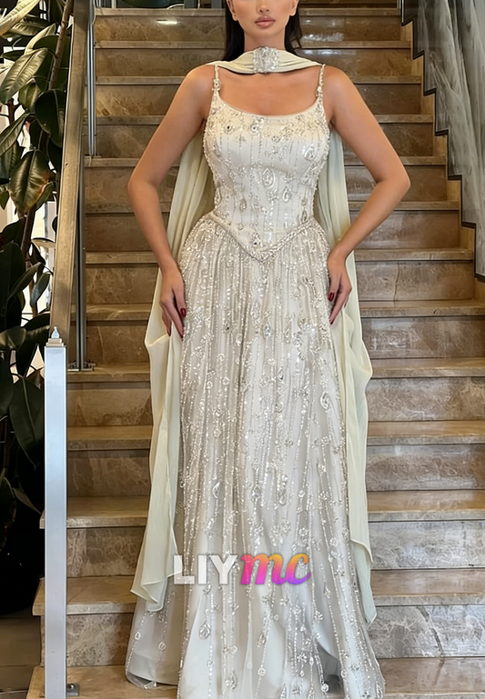 Scoop Spaghetti Straps Beaded Embroidery A-Line Prom Dress