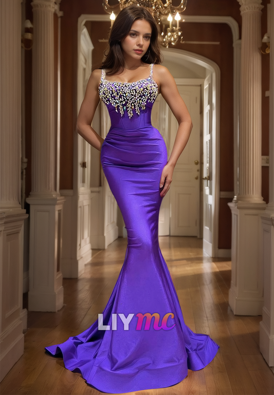 LP1052 - Spaghetti Straps Satin Beads Mermaid Formal Prom Dress