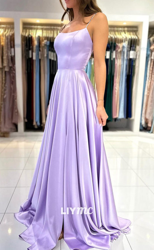 LP1859 - Scoop Spaghetti Straps Lace-Up A-Line Sleek Plaeted Satin Prom Dress