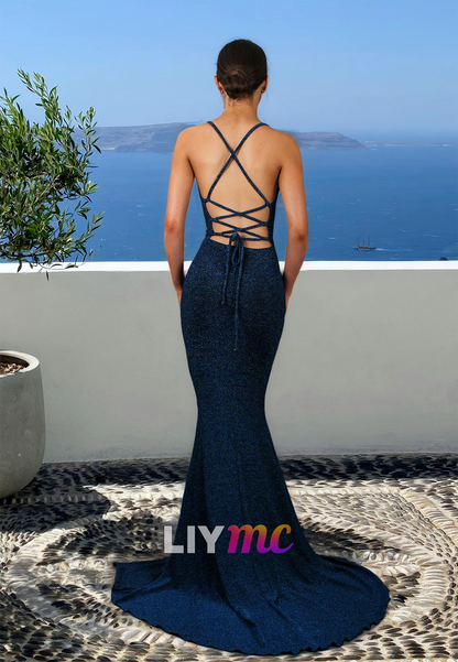 Scoop Spaghetti Straps Lace-Up Sleek Mermaid Formal Dress