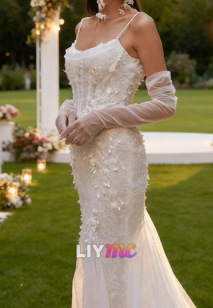 Scoop Spaghetti Straps Lace Appliques Mermaid  Wedding Dress