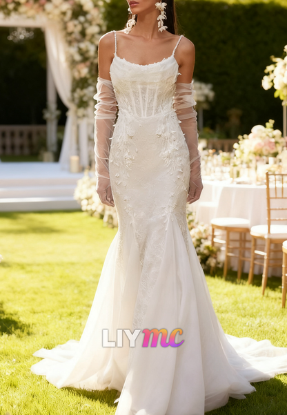 Scoop Spaghetti Straps Lace Appliques Mermaid  Wedding Dress