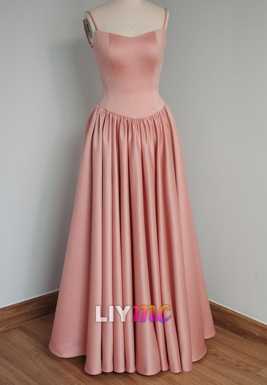 Scoop Spaghetti Straps Sleek Pleated Pink A-Line Prom Dress