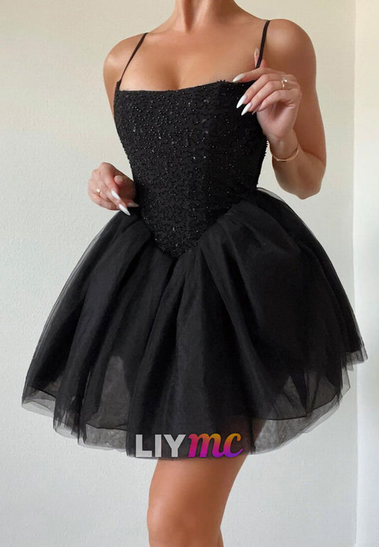 LY367 - Scoop Spaghetti Straps Tulle A-Line Pleated Short Homecoming Dress