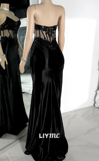 LP1961 - Scoop Strapless Appliques Sheer High Slit Mermaid Prom Dress