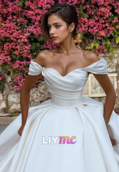 LW124 - Luxurious Off Shoulder Strapless Ruched Satin Ball Wedding Gown