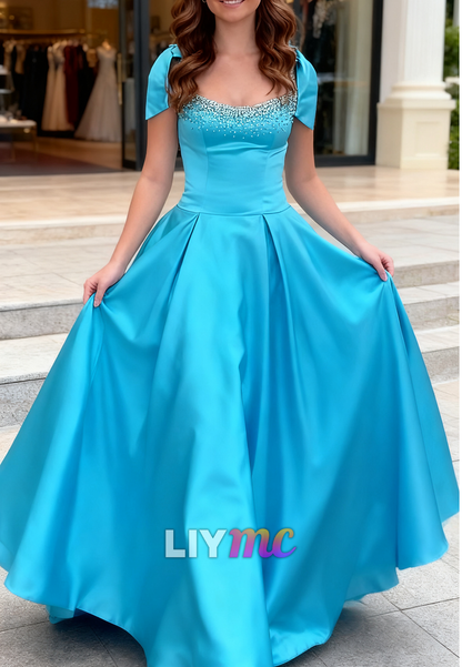 Scoop Straps Beaded A-Line Blue Prom Dress