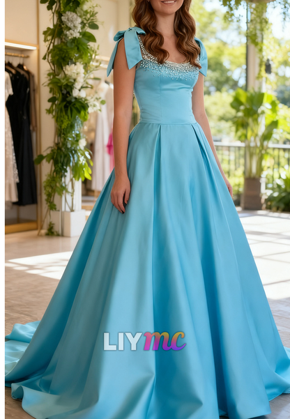 Scoop Straps Beaded A-Line Blue Prom Dress