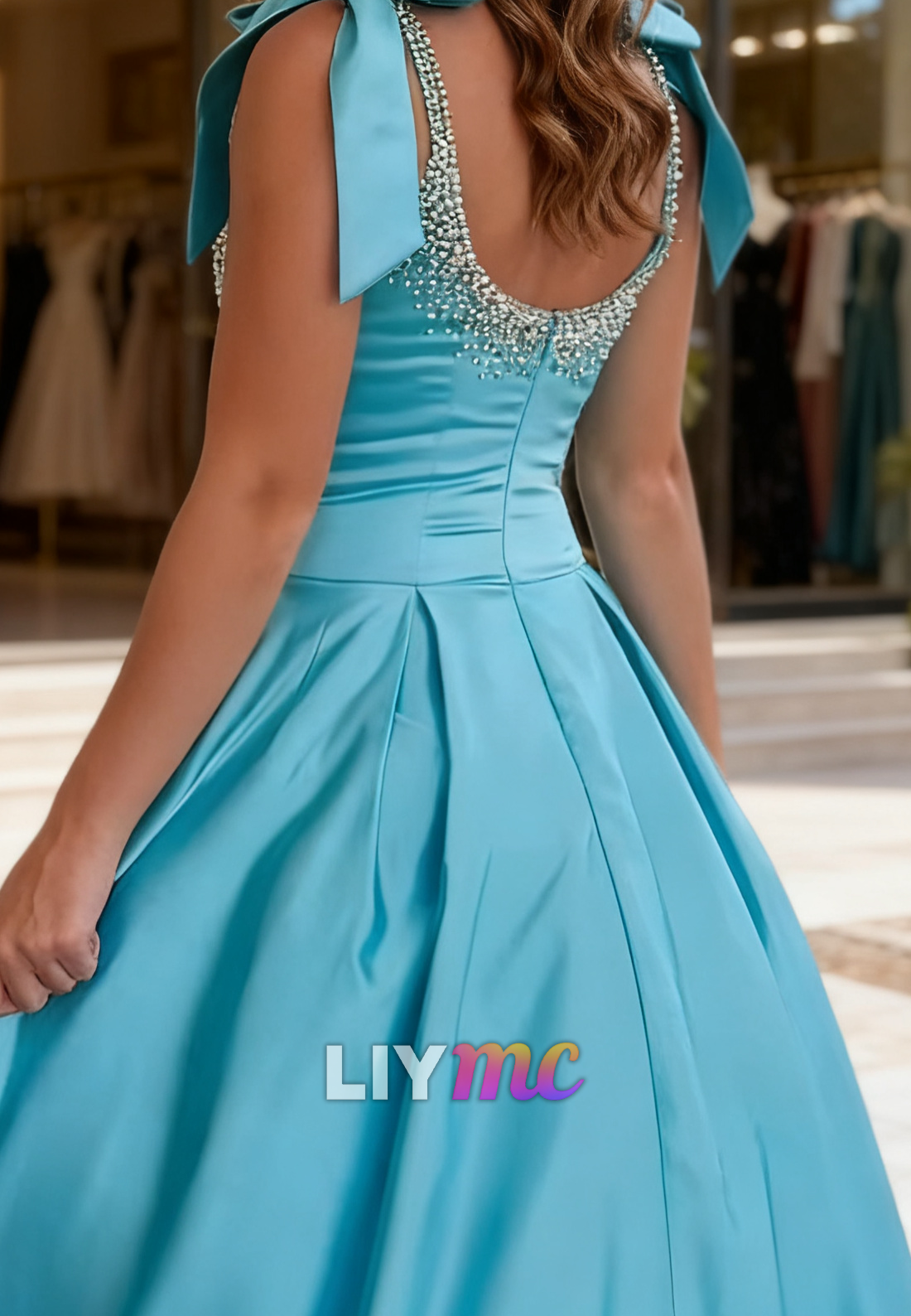Scoop Straps Beaded A-Line Blue Prom Dress