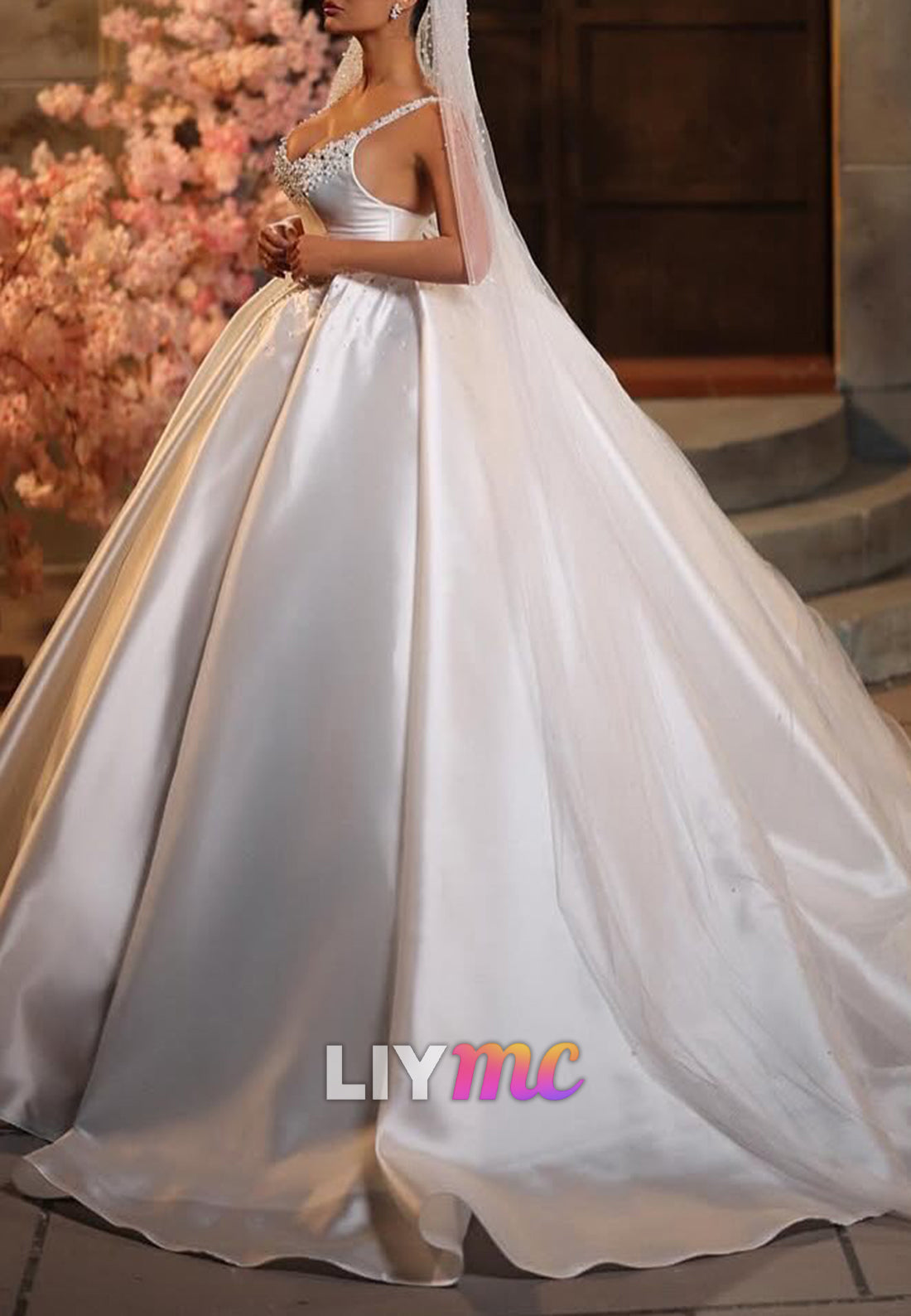 Scoop Straps Beaded A-Line Satin Wedding Dress