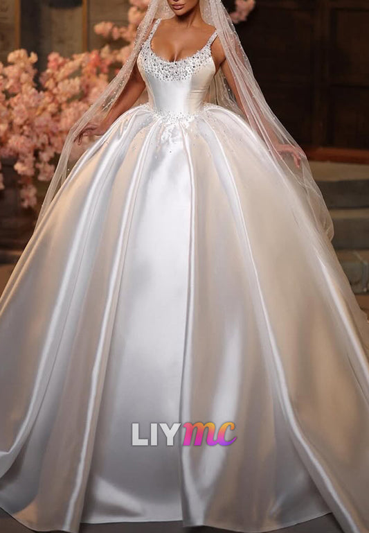 Scoop Straps Beaded A-Line Satin Wedding Dress
