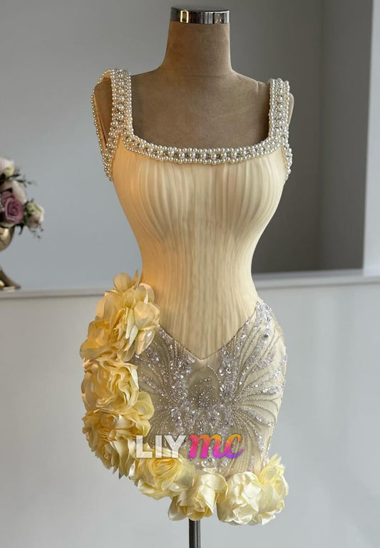 Scoop Straps Beaded Embroidery 3D Floral Sheath Party Homecoming Dress