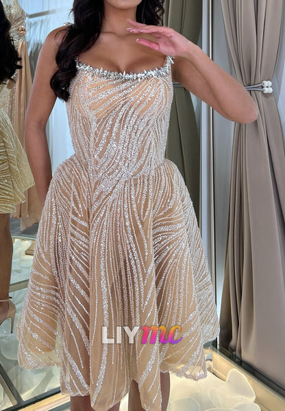 Scoop Straps Beaded Embroidery Sparkly A-Line Short Party Dress