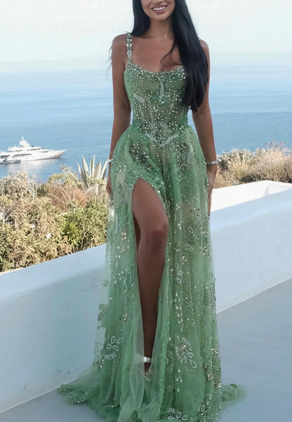 Scoop Straps Beaded Sparkly A-Line Prom Dress