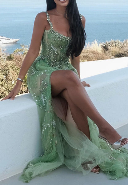 Scoop Straps Beaded Sparkly A-Line Prom Dress