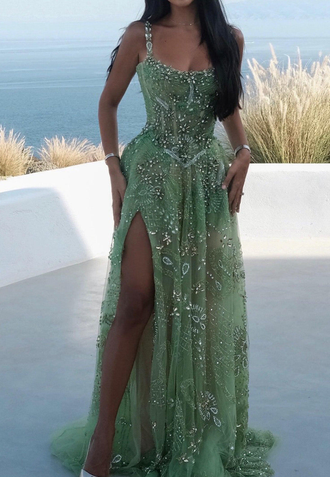 Scoop Straps Beaded Sparkly A-Line Prom Dress
