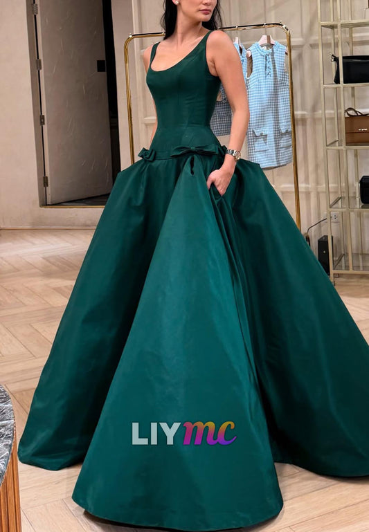 Scoop Straps Bowknot Satin A-Line Evening Dress
