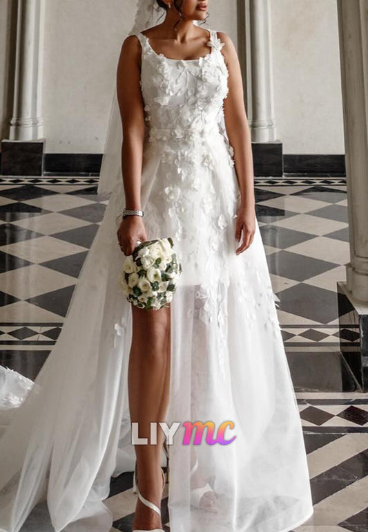 Scoop Straps Floral Appliques A-Line Wedding Dress